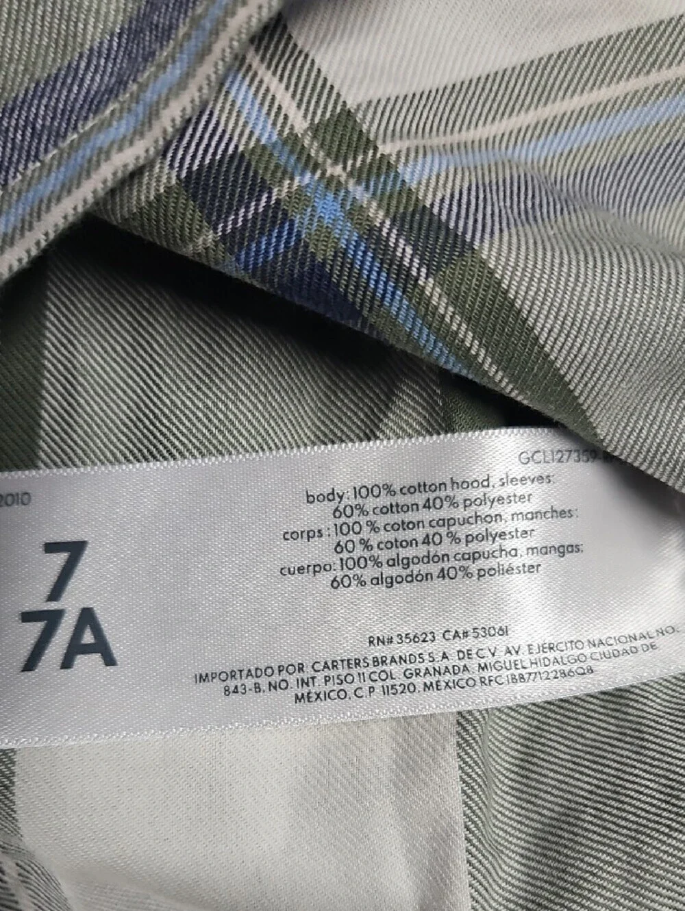 Carter's Boys Green Plaid Button-Down Shirt with Heather Blue Hood Size 7